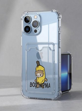 Hepsi iPhone 13 Pro Max Boş Yapma Muz Detaylı Kart Bölmeli Şeffaf Telefon Kılıfı Najmaddin