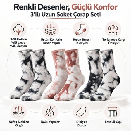 Beru Unisex Batik Desenli Çorap 6'lı Set Pamuklu Uzun Soket Günlük Spor Nefes Alan Dikişsiz Najmaddin