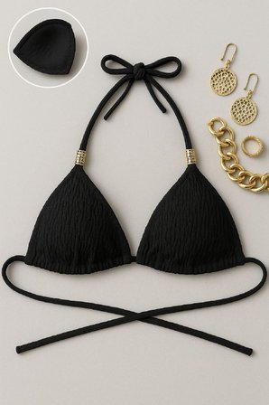 Beru Kadın Siyah Pedli Üçgen Bikini Üstü Halter Bağlamalı Aksesuarlı Najmaddin