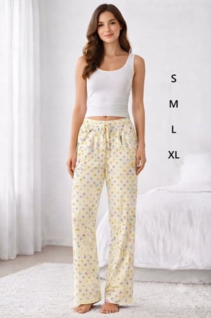 Beru Viskon Pamuklu Kadın Açık Sarı Desenli Pijama Pantolon - Mg010 - Najmaddin