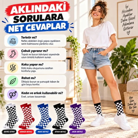 Beru Unisex Çorap Dama Desenli Renkli 10'lu Set Kareli Uzun Soket Günlük Spor Eğlenceli Rahat Çorap Seti Najmaddin