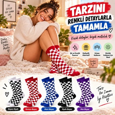 Beru Unisex Çorap Dama Desenli Renkli 10'lu Set Kareli Uzun Soket Günlük Spor Eğlenceli Rahat Çorap Seti Najmaddin