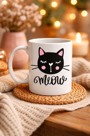 Bez Sevimli Kedi Desenli Porselen Kupa MODEL 63 – “Meow” Yazılı Kahve & Çay Keyfi İçin Tatlı Tasarım Najmaddin