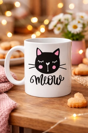 Bez Sevimli Kedi Desenli Porselen Kupa MODEL 63 – “Meow” Yazılı Kahve & Çay Keyfi İçin Tatlı Tasarım Najmaddin
