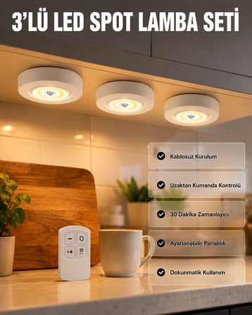 Mey Mey İthalat Kablosuz 3 Lü Spot Led Lamba Seti Uzaktan Kumandalı Enerji Tasarruflu Aydınlatma Najmaddin