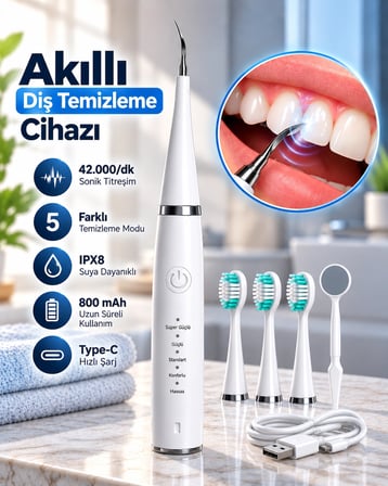 Karg 1. Taşınabilir Akıllı Diş Temizleme Cihazı Ayarlanabilir 5 Kademe Type C Şarjlı Sonic Temizleme Najmaddin