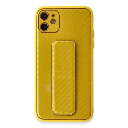 Bez iPhone 12 Kılıf Coco Karbon Standlı Kapak - Sarı Najmaddin