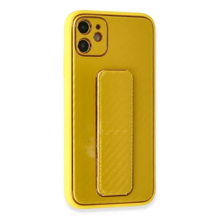 Bez iPhone 12 Kılıf Coco Karbon Standlı Kapak - Sarı Najmaddin