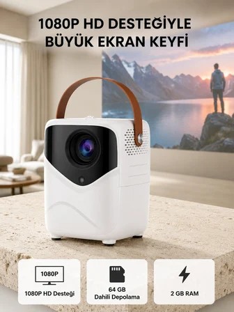 Mey Mey İthalat Taşınabilir Akıllı 1080P Projektör – 64GB Hafıza, 2GB RAM, Full HD Görüntü, Kumandalı Yeni Nesil Najmaddin