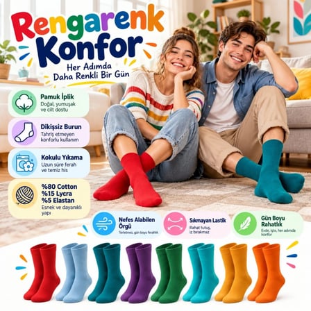 Beru Unisex Renkli Çorap 8'li Set Günlük Rahat Esnek Uzun Soket Çorap Canlı Renkler Yumuşak Konforlu Seti Najmaddin