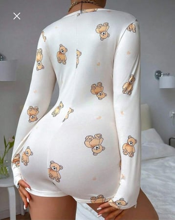 Beru Pamuklu Beyaz Ayıcık Desenli Düğmeli Uzun Kol Tulum Pijama Najmaddin