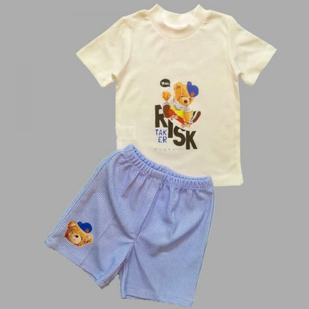 Baby 1-2-3 Yaş Kaykaycı Ayı Baskılı Şortlu Kısa Kollu Tişört 2li Erkek Bebek Takımı Ekru Najmaddin