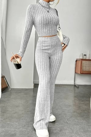 Beru Kadın Gri Çizgili Boğazlı Crop Top Yüksek Bel Pantolon Takım Şık 2’li Set Najmaddin