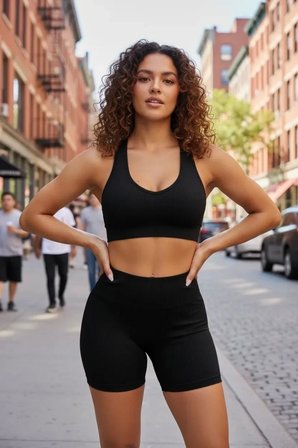 Beru Kadın Siyah Fit Görünümlü Yüksek Bel Spor Crop Top Şort Takımı Najmaddin