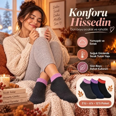 Beru Kadın Havlu 6'lı Çorap Kısa Konç Dikişsiz Burun Sıcak Tutan Yumuşak Kışlık Çorap Seti Najmaddin