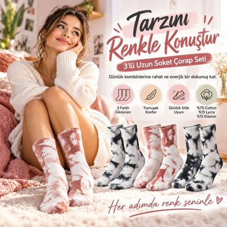 Beru Unisex Batik Desenli Çorap 3'lü Set Pamuklu Uzun Soket Günlük Spor Nefes Alan Dikişsiz Najmaddin