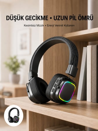 Mey Mey İthalat Bluetooth 5.3 Rainbow Işıklı Kulak Üstü Kablosuz Kulaklık Yeni Nesil Najmaddin