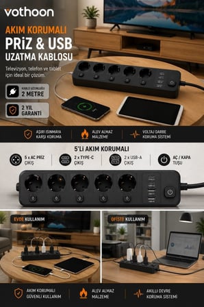 Tedar Akım Korumalı 5’li Priz 2xusb 2xtype-c Çıkış Akım Koruma Çoklu Priz Çoğaltıcı Anahtarlı Ftr-31 Siyah Najmaddin