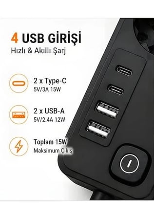 Tedar Akım Korumalı 5’li Priz 2xusb 2xtype-c Çıkış Akım Koruma Çoklu Priz Çoğaltıcı Anahtarlı Ftr-31 Siyah Najmaddin