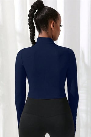 Beru Kadın Lacivert Uzun Kol Fermuarlı Parmak Geçme Detaylı Dik Yaka Crop Top Bluz Najmaddin
