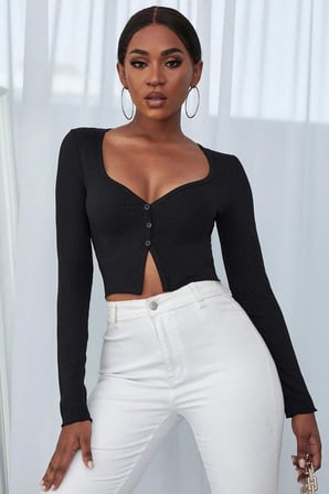 Beru Kadın Siyah Uzun Kollu Düğme Detaylı Göğüs Ve Göbek Dekolteli Crop Top Bluz Premium Stil Najmaddin