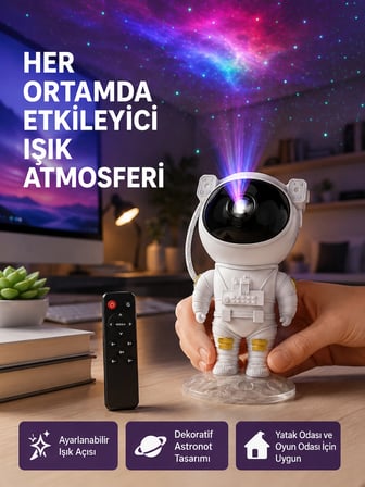 Mey Mey İthalat Astronot Yıldız Projeksiyon Lambası 8 Efektli Uzaktan Kumandalı Gece Işığı Najmaddin
