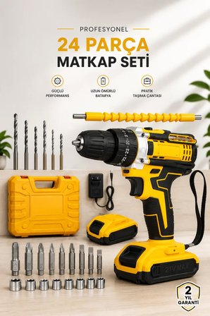 Hepsi 24 Parça Çift Bataryalı Şarjlı Matkap Seti 24W Motor ve Otomatik Mil Kilitli Tasarım Najmaddin