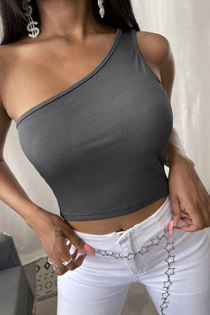 Beru Kadın Koyu Gri Fit Görünümlü Tek Omuz Crop Top Büstiyer Najmaddin