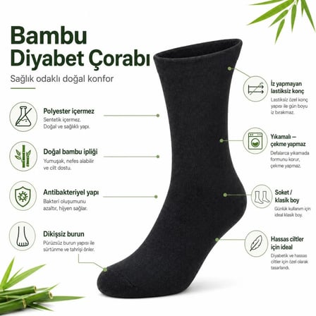 Beru Bambu Diyabet Çorabı Lastiksiz Dikişsiz Burun Siyah Uzun Konç Hassas Ayaklar İçin Najmaddin