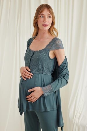 Beru Dantelli Önü Düğmeli Hamile Lohusa 3'lü Viskon Pijama Takımı Najmaddin