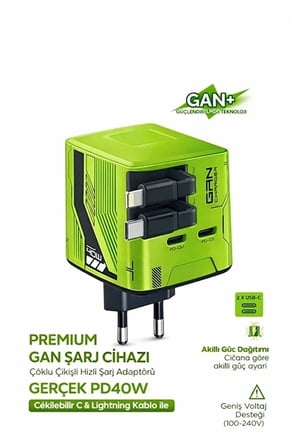 Karg Gan+ Pd 40w Hızlı Şarj Adaptörü Çoklu Çıkış Usb-c Lightning Kablolu Hızlı Şarj Cihazı Ev Ofis Uyumlu Yeşil Najmaddin