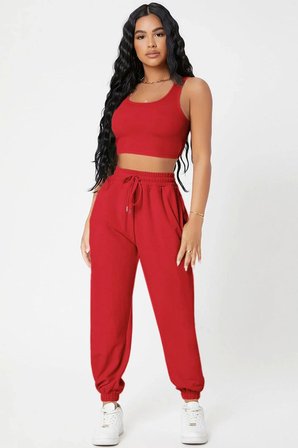 Beru Kadın Kırmızı Premium Görünümlü Kaşkorse Cepli Jogger Eşofman Altı Ve Crop Top Bluz Takımı Najmaddin