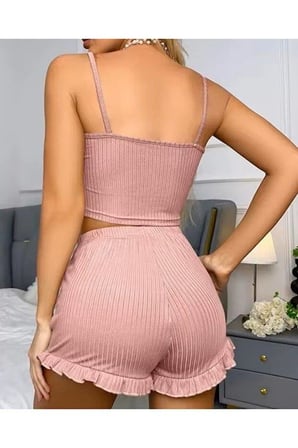 Beru Kadın Pudra Dantel Detaylı Şortlu Gecelik Pijama Takımı 5015 Najmaddin