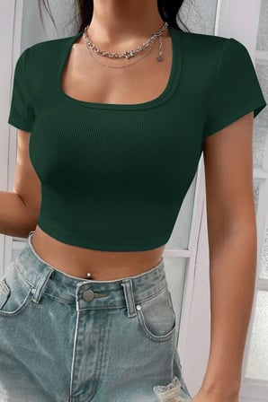 Beru Kadın Yeşil Şık Kesim Yarım Kol Crop Bluz Najmaddin