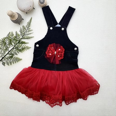Baby 2-3-4 Yaş Fiyonklu Düğme Detaylı Tül Etek Kot Kumaş Salopet Kız Çocuk Elbisesi Siyah-kırmızı Najmaddin