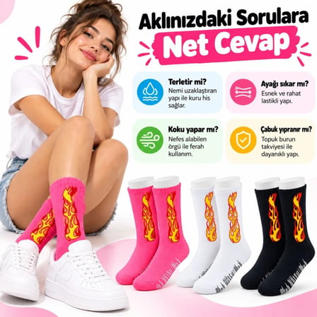 Beru Unisex Alev Desenli Çorap 6'lı Set Pamuklu Uzun Soket Dikişsiz Nefes Alan Günlük Spor Çorabı Yumuşak Najmaddin