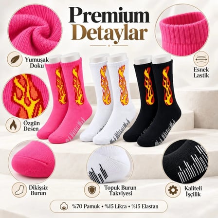 Beru Unisex Alev Desenli Çorap 6'lı Set Pamuklu Uzun Soket Dikişsiz Nefes Alan Günlük Spor Çorabı Yumuşak Najmaddin