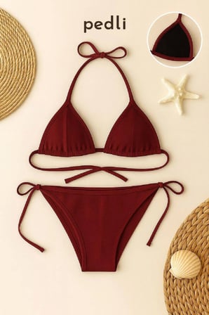 Beru Bordo Üçgen Bikini Takımı Yandan Ve Boyundan Bağlamalı Esnek Kumaş Kadın Mayo Seti Najmaddin