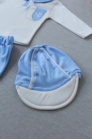 Baby 3-6 6-9 9-12 Ay Efendi Nakışlı Cep Şapkalı Uzun Kollu Sweat 3lü Erkek Bebek Takımı Mavi Najmaddin
