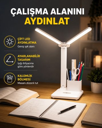 Mey Mey İthalat Kısılabilir LED Masa Lambası – Kalemlik ve Telefon Standlı, Göz Yormayan Işık Yeni Nesil Najmaddin