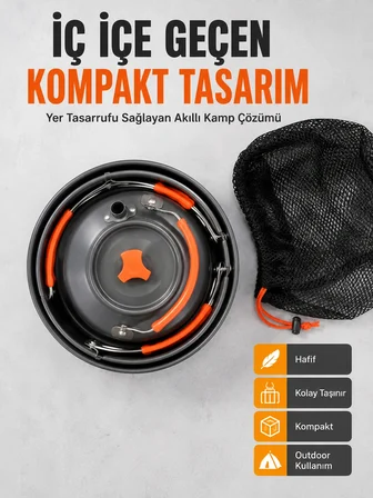 Mey Mey İthalat Kompakt Kamp Yemek Seti Alüminyum Tencere Tava Çaydanlık Taşıma Fileli Outdoor Set Najmaddin