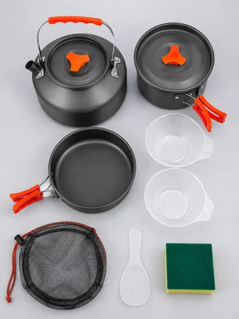 Mey Mey İthalat Kompakt Kamp Yemek Seti Alüminyum Tencere Tava Çaydanlık Taşıma Fileli Outdoor Set Najmaddin