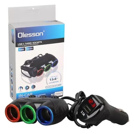 Sh Olesson 1633 12-24v 3lü Usbli 120w 80cm Kablolu Dijital Ekranlı Araç Çakmak Çoklayıcı Najmaddin