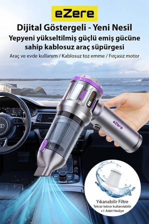 Hepsi EZERE TurboVac 20000pa Güçlü Dijital Göstergeli Vakumlu Kablosuz Üflemeli Mini Araç Süpürgesi-(5775) Najmaddin