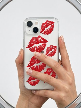 Hepsi İphone 14 Kırmızı Dudak / Öpücük Desenli Şeffaf Telefon Kılıfı Najmaddin
