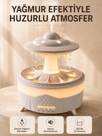 Mey Mey İthalat UFO Tasarımlı 350 ML Hava Nemlendirici Renkli Ortam Işığı Yağmur Efektli Difüzör Najmaddin