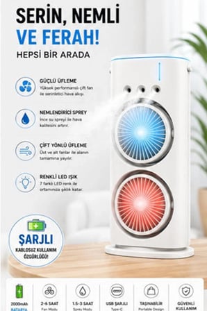 MEPA Najmaddin Çift Başlıklı Sprey Fan Nemlendirici Ve Renkli Led Işıklı Beyaz Najmaddin