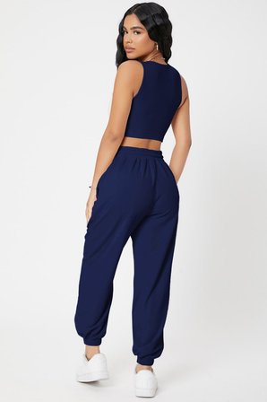 Beru Kadın Lacivert Kaşkorse Cepli Jogger Eşofman Altı Ve Crop Top Bluz Najmaddin