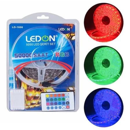 Sh Ledon Ld-1606 Su Geçirmez 5 Metre Rgb Şerit Led Animasyon Devreli Adaptörlü Set 5050 3 Çipli Silikonlu Najmaddin