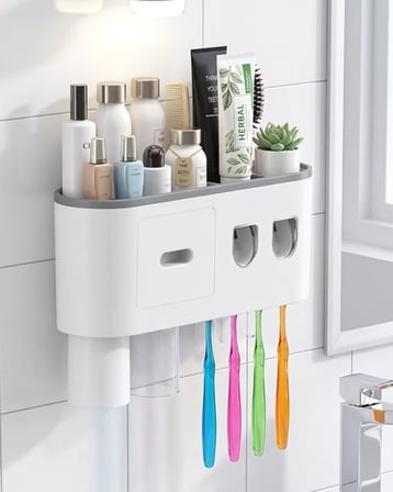 Hepsi Banyo Organizer Diş Fırçası Tutucu Çift Dispenserli Raflı Çekmeceli Najmaddin